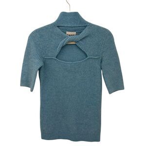 GANNI Cutout Twist Front Ribbed Sweater Size XS Bachelor Blue Alpaca Blend